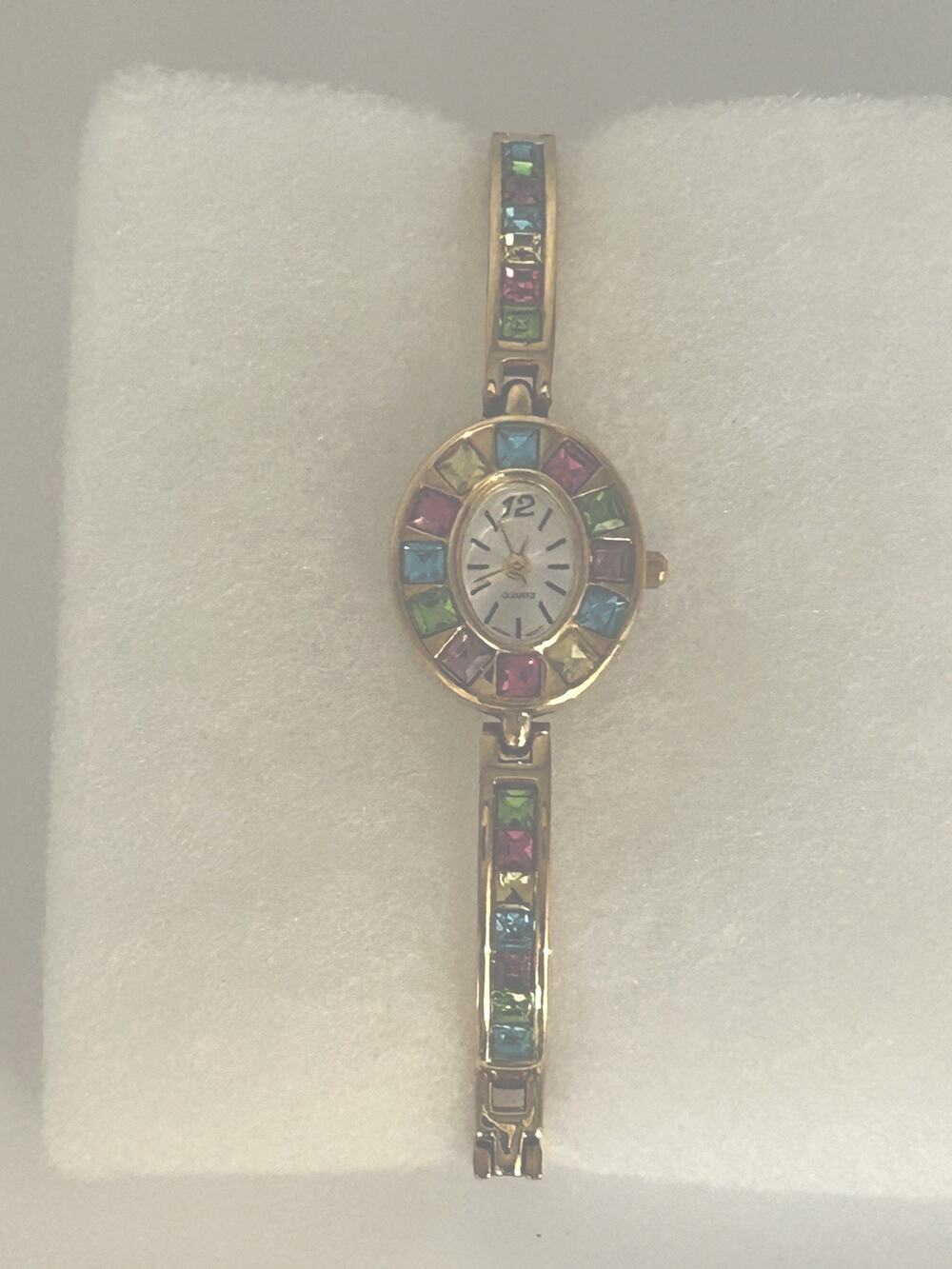 Vintage Women’s Quartz Analog Gold Tone Bracelet Wristwatch Multicolor Bezel